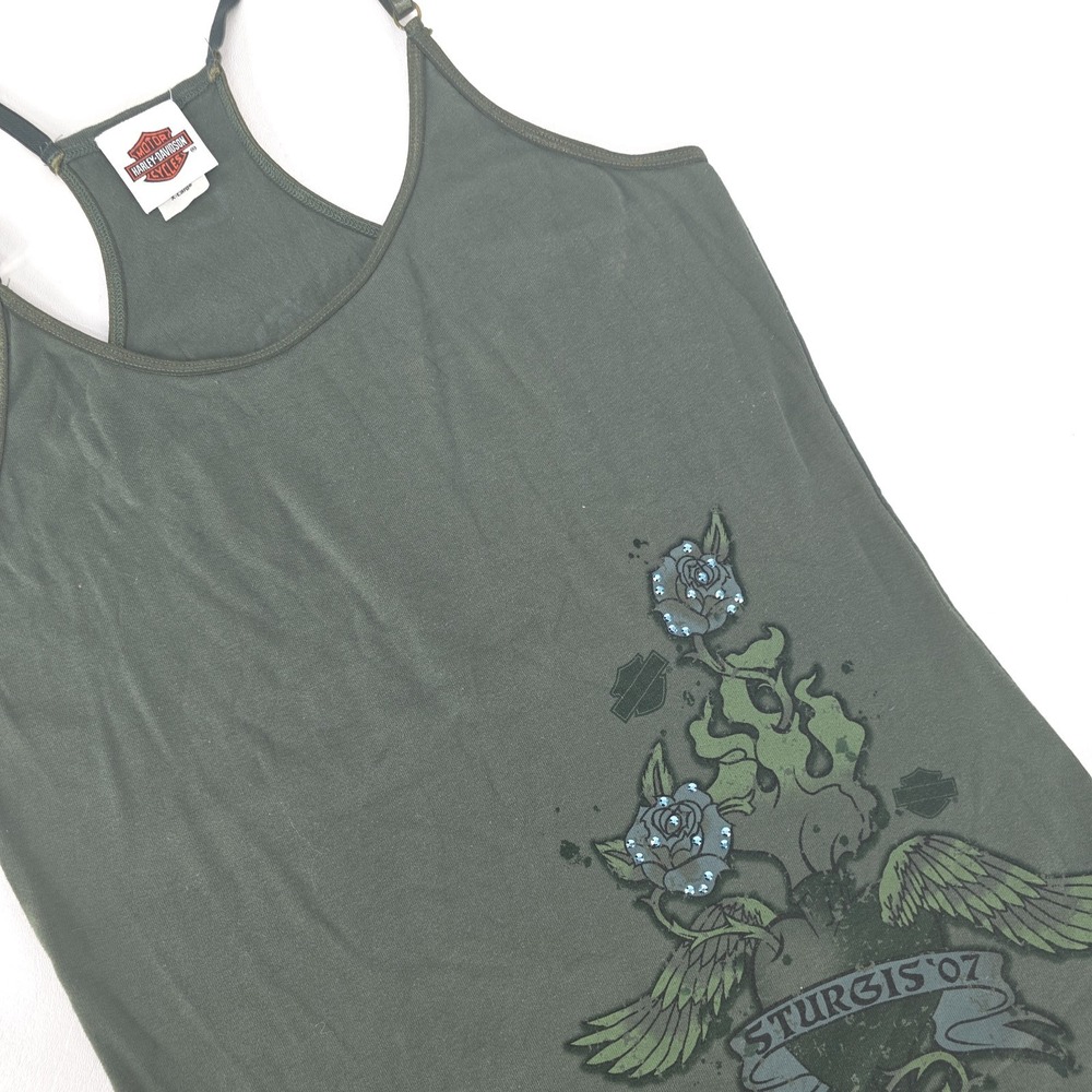 HARLEY-DAVIDSON Sturgis 2007 Tank Top Women XL Green Graphic USA Made Biker Tour
